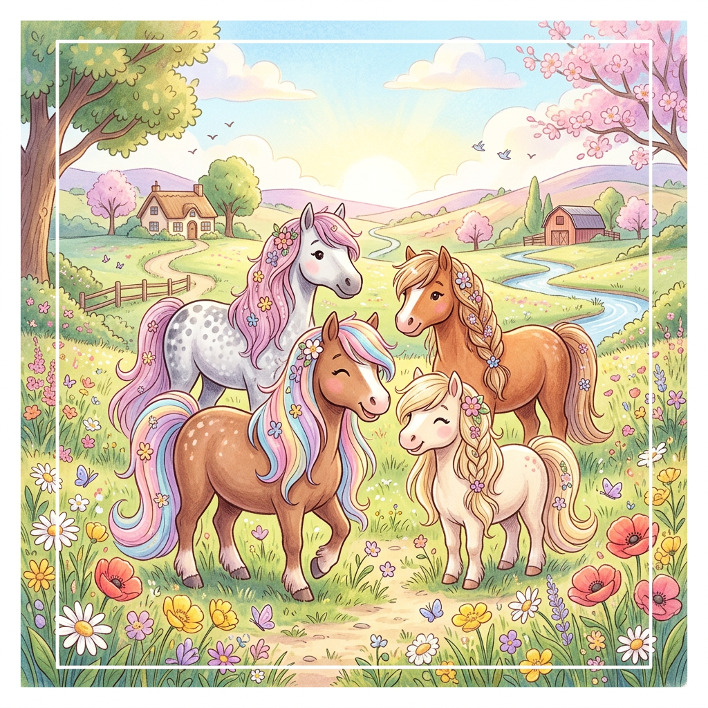 Hestefamilie i blomstereng Toppers Drinktoppers 6 stk Ø8 cm