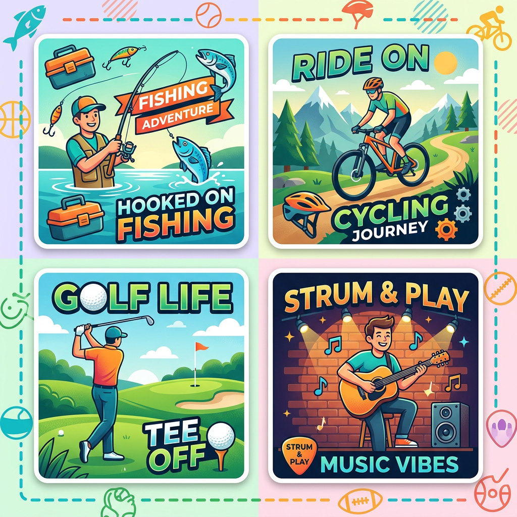 Fisk, cykel, golf og musik Toppers Drinktoppers 6 stk Ø8 cm
